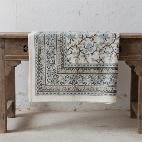 Nappe indienne en coton imprimée blanche et beige