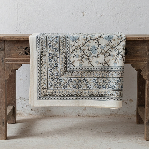Indian printed cotton table cover white and beige