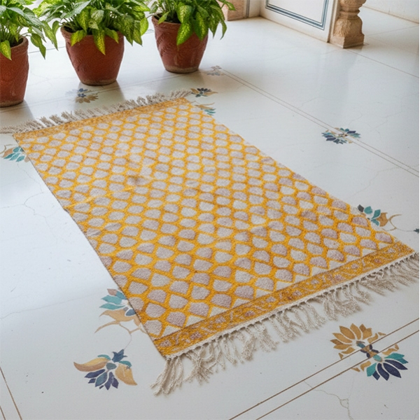 Tapis indien artisanal en coton imprimé jaune