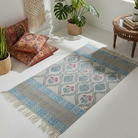 Tapis indien artisanal en coton imprimé bleu