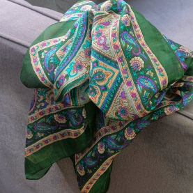 Indian silk scarf square green and purple
