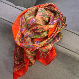 Foulard indien en soie carré orange et violet