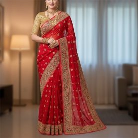 Indian embroidered saree red and golden