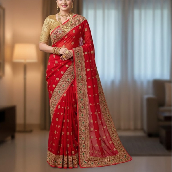 Indian embroidered saree red and golden