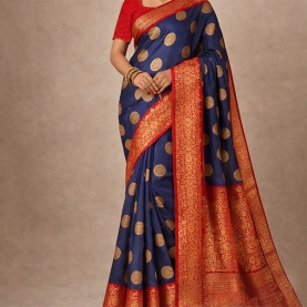 Indian saree satin fabric Blue and red