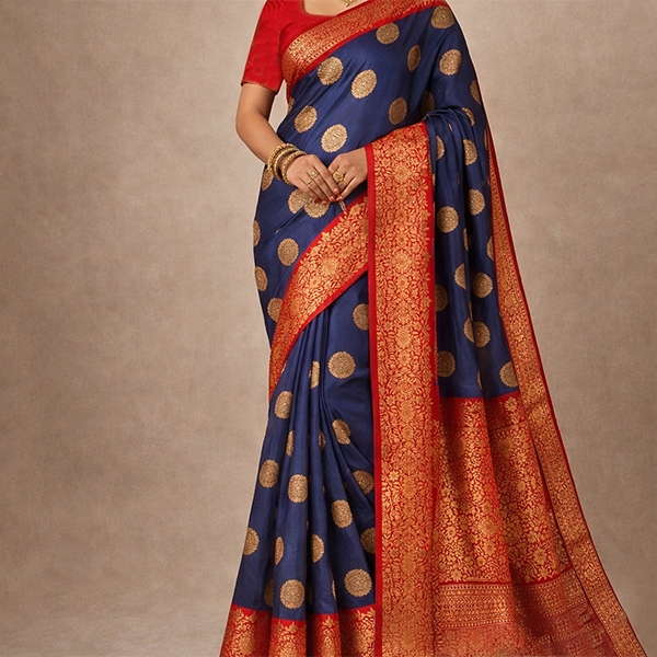 Indian saree satin fabric Blue and red