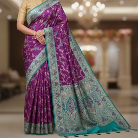 Indian saree satin fabric purple and green