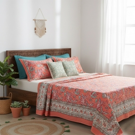Indian handprinted bedsheet with pillow Pink and blue