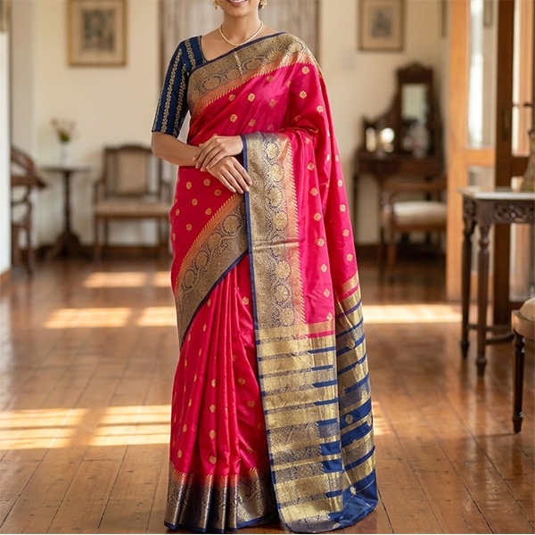 Saree indien complet satiné rouge et bleu