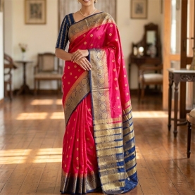 Saree indien complet satiné rouge et bleu