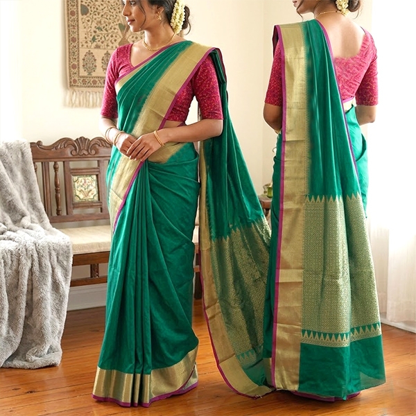 Indian saree art silk green and golden