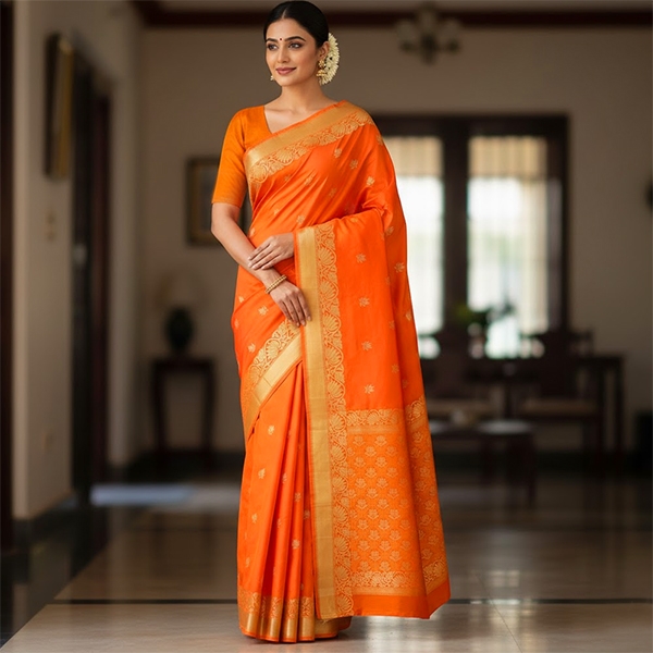 Indian saree satin fabric Orange and Golden