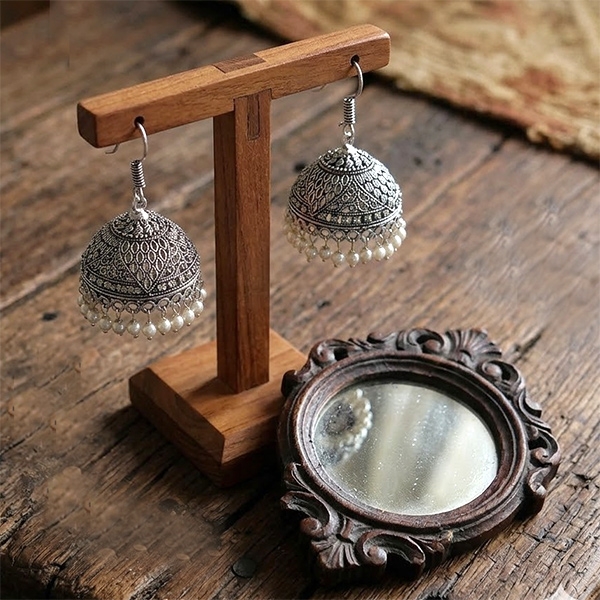 Indian handcrafted metal earrings Jhumki white