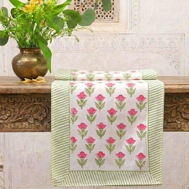 Indian handcrafted cotton table runner green and pink