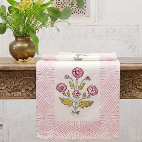 Chemin de table indien artisanal en coton rose et vert