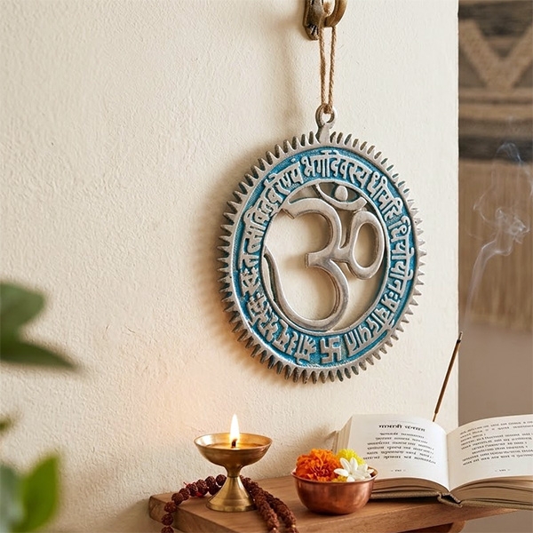 Indian handcrafted brass mantra OM blue