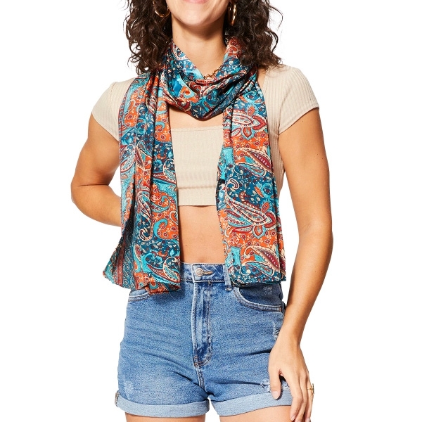 Indian printed stole Flowers orange and cyan