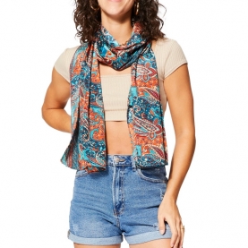 Indian printed stole Flowers orange and cyan