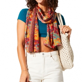 Etole indienne paréo imprimée Fleurs orange et rouge