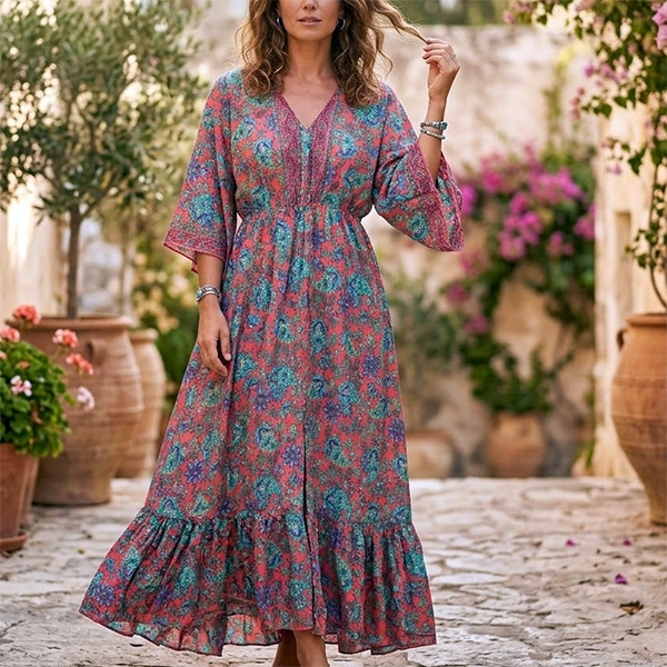 Indian printed long dress Flowers pink and purple