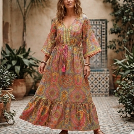 Robe indienne longue imprimée Fleurs rose et jaune