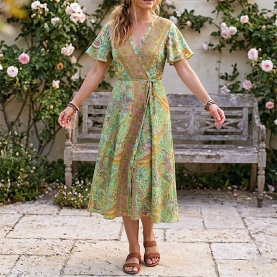 Robe indienne mi-longue imprimée Fleurs rose et vert