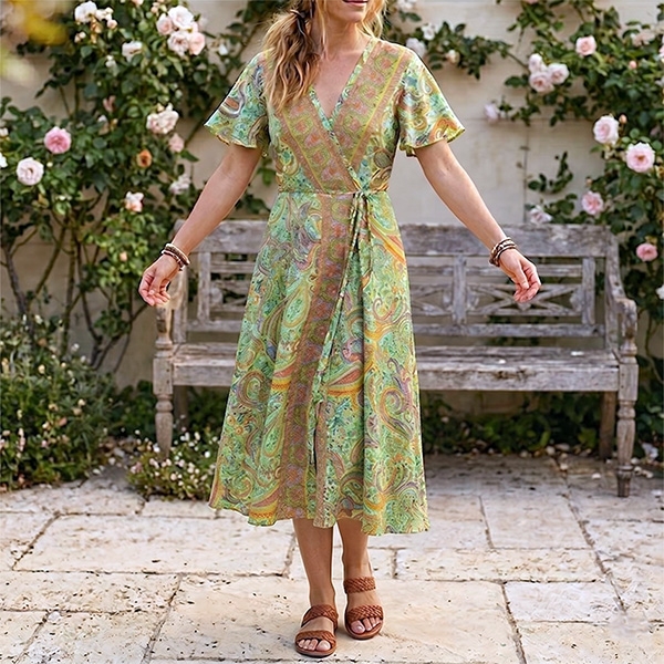 Robe indienne mi-longue imprimée Fleurs rose et vert