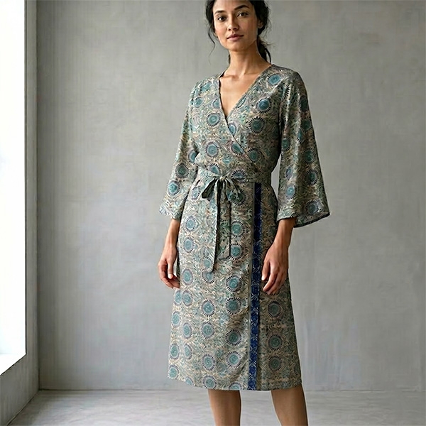 Robe indienne mi-longue imprimée Fleurs turquoise et gris