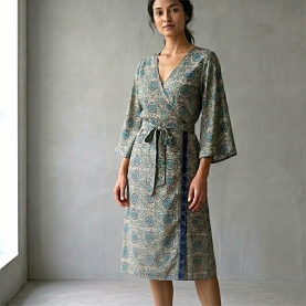 Robe indienne mi-longue imprimée Fleurs turquoise et gris