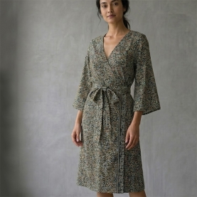 Robe indienne mi-longue imprimée Fleurs crème et noir