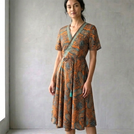 Indian printed mid-lentgh dress Flowers orange and grey