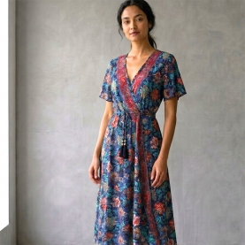 Robe indienne mi-longue imprimée Fleurs marine et bordeaux
