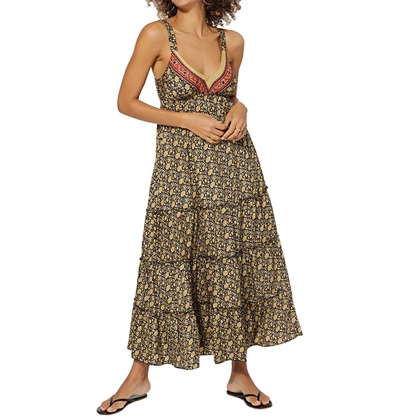 Robe indienne longue imprimée Fleurs noir et beige