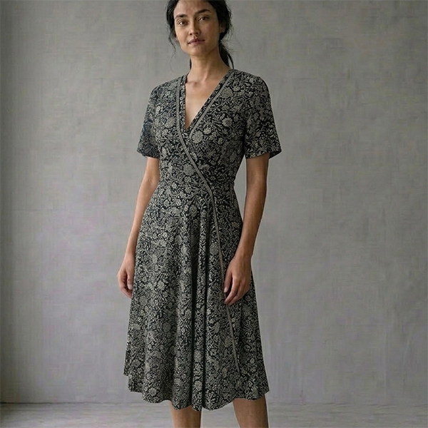 Indian printed mid-lentgh dress Flowers black and white