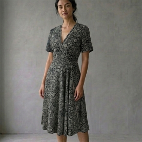 Indian printed mid-lentgh dress Flowers black and white