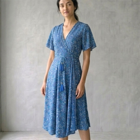 Indian printed mid-lentgh dress Flowers purple and white