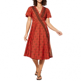 Robe indienne mi-longue imprimée Fleurs orange et noir