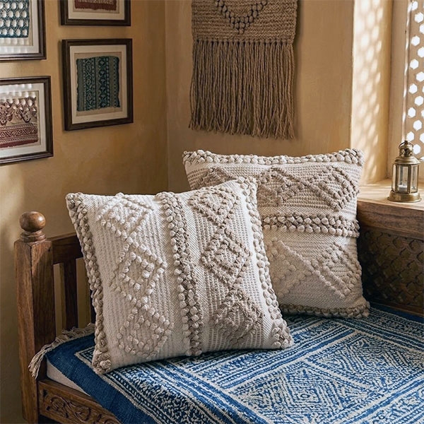 Housse de coussin indienne en coton L45 Ecru et marron