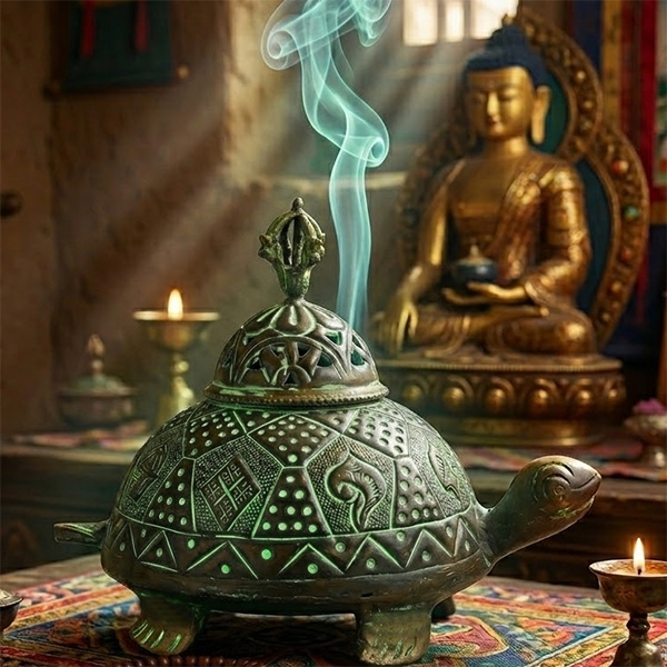 Traditional Tibetan brass verdigris incense burner Turtle