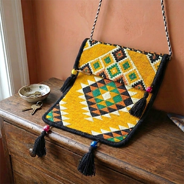 Sac en coton style bohémien Kilim jaune et noir