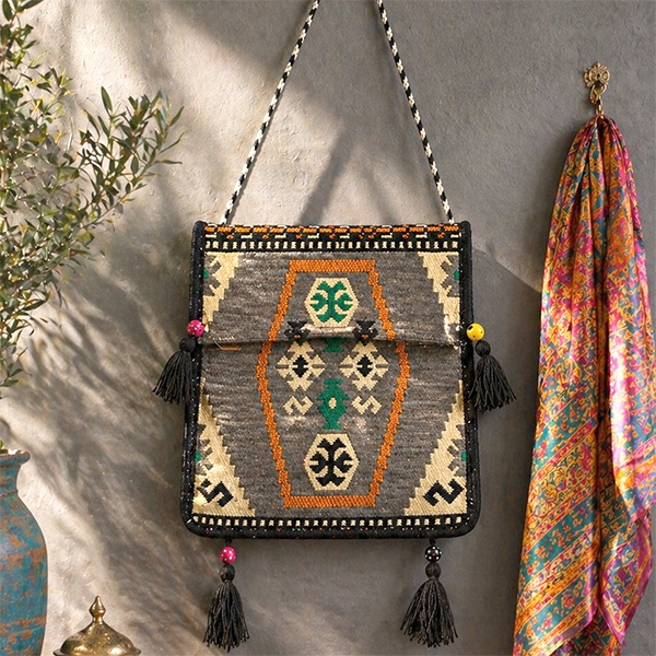 Sac en coton style bohémien Kilim gris et noir