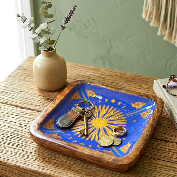 Indian handcrafted wood and enamel tray Square