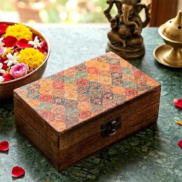 Coffret à bijoux indien en bois et style émail L15 orange