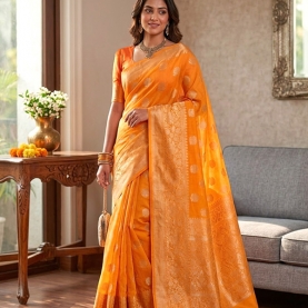 Saree indien complet coton jaune orangé