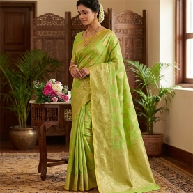Indian saree cotton green and golden