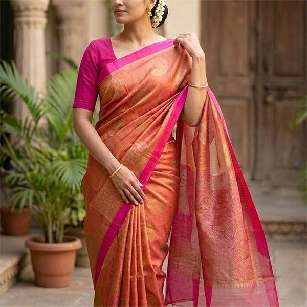 Saree indien complet coton rose et orange