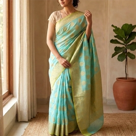 Saree indien complet coton bleu et doré