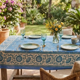 Indian printed cotton table cover blue and white