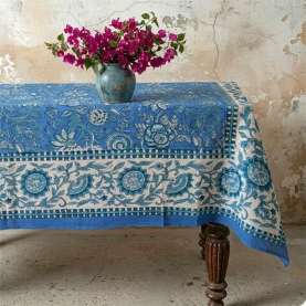 Nappe indienne en coton imprimée bleue et blanche