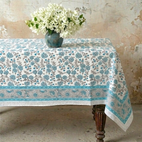 Nappe indienne en coton imprimée bleue et grise